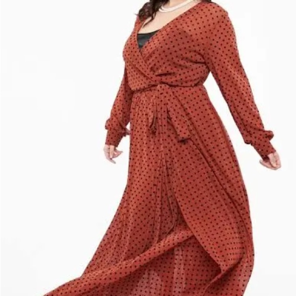 Unique Vintage - Elegant Rust Polka Dot Wrap Dress